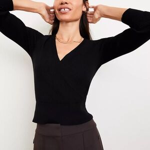 NWT LOFT Versa Black Ribbed Wrap Sweater Knit Top Size L